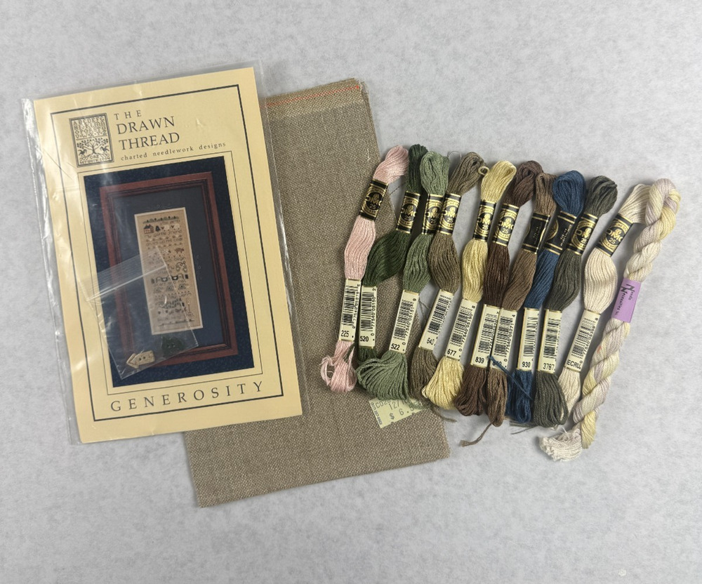 Drawn Thread Generosity Cross Stitch Kit Sampler Linen Floss Buttons 1994